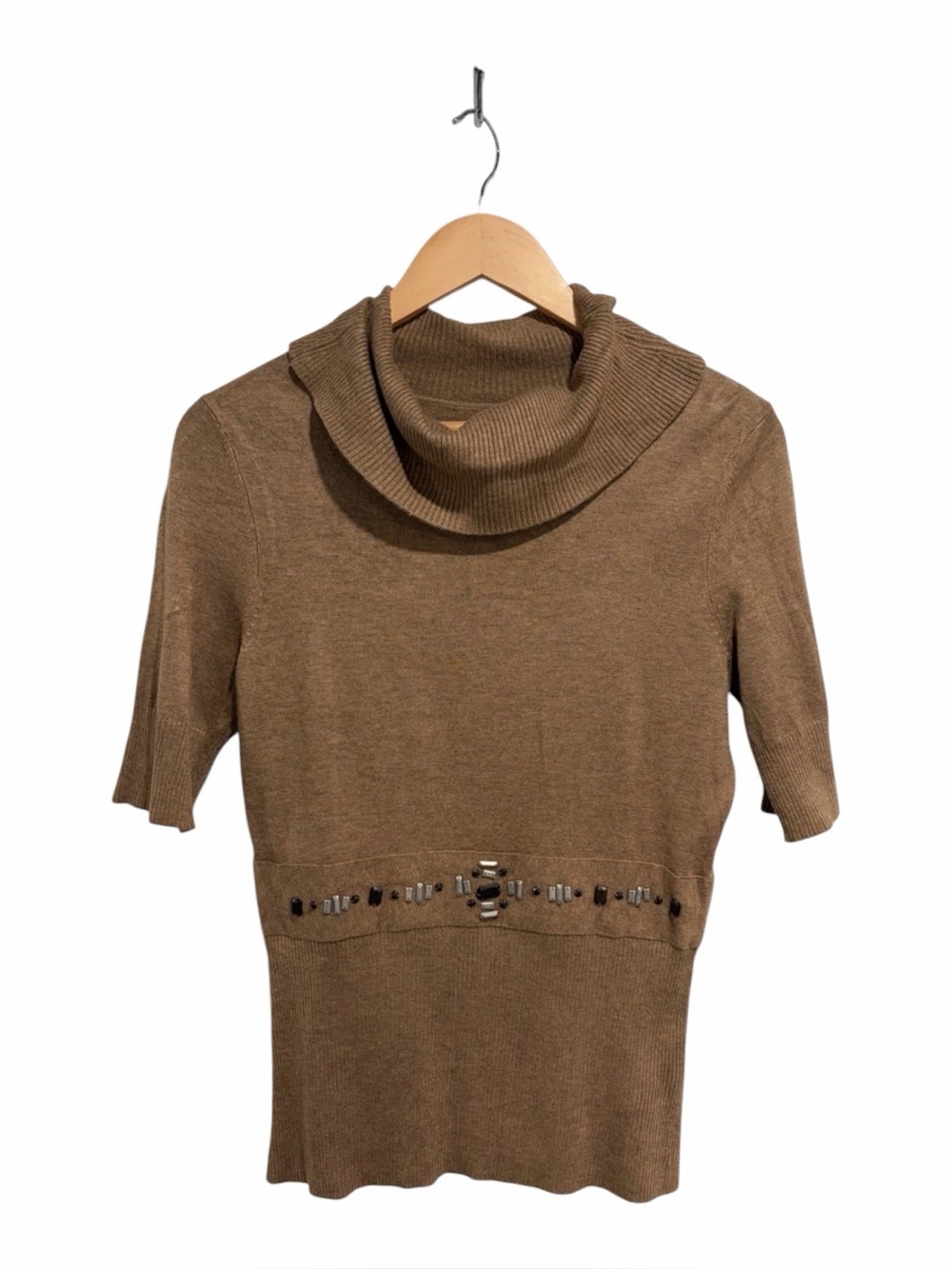 Deane & White Petite Women's Brown Short-Sleeve Cowl Neck Sweater